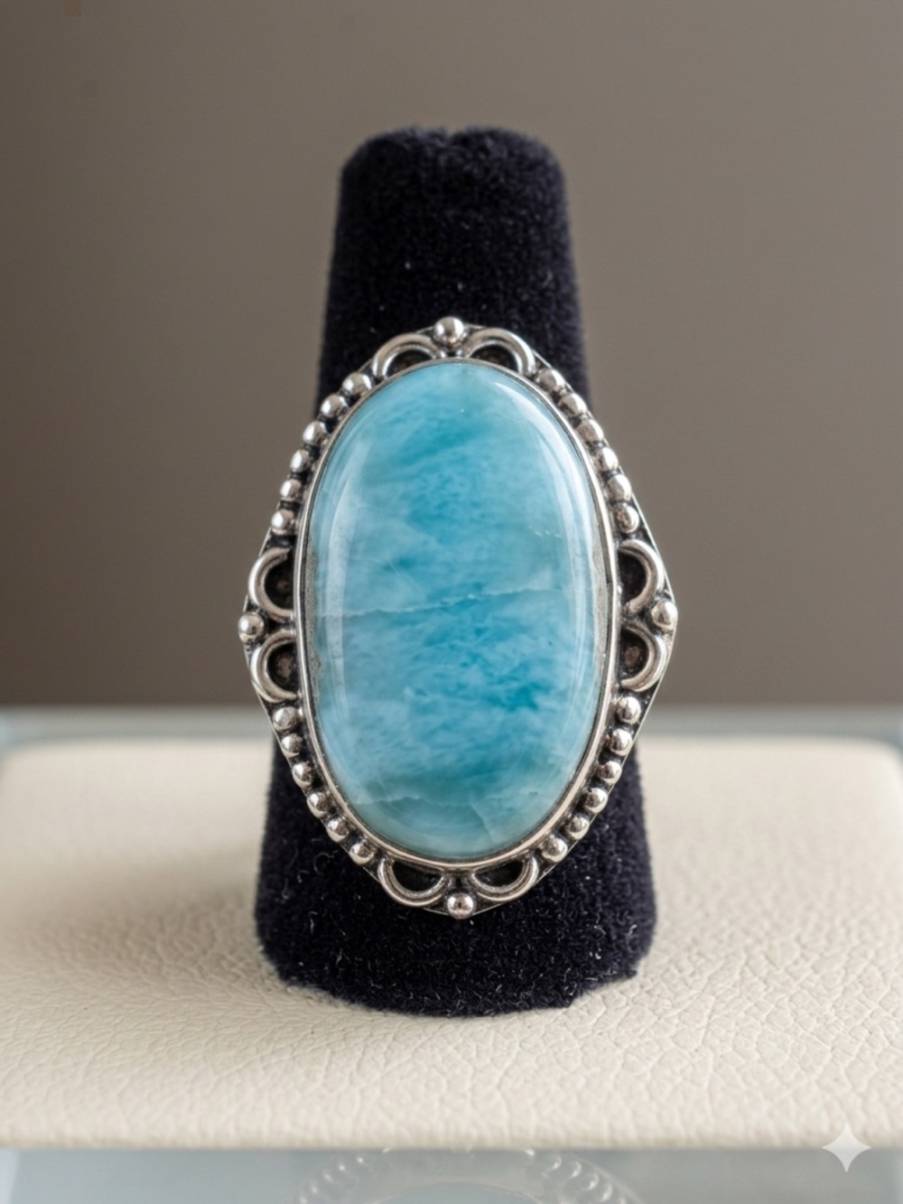 Genuine Larimar Statement Ring Large Oval in Ornate Sterling Silver Overlay